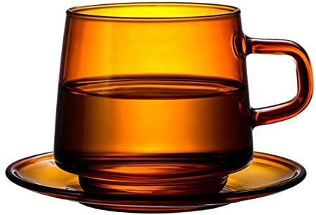 Amber Glass Coffee Mug Vintage Style 8.5oz Glass Tea Cups and Saucers Set, Handmade Sturdy Borosilicate Tea Cups