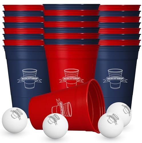 RedCupShop® Beer Pong Gobelet réutilisable en plastique rigide avec 24 gobelets et 6 balles - Passe au lave-vaisselle - Extra stable - Fabriqué en Allemagne (rouge/bleu)