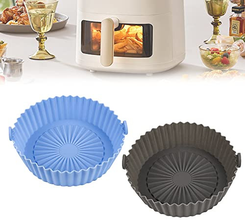 QUCUMER 2 Pcs Olla Silicona Freidora de Aire 6.5 pulgadas/16.5cm Almohadilla de Freidora de Aire Bandeja Freidora Aire Redonda Molde Silicona Freidora Sin Aceite Cesta Silicona Freidora + 2x Cepillos