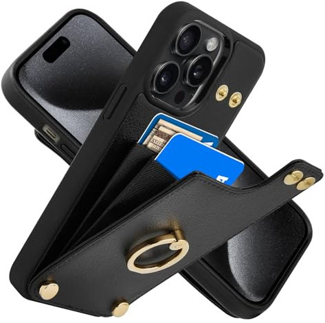 CUSTYPE für iPhone 14 Pro Hülle, Handyhülle für iPhone 14 Pro mit Kartenfach und Ringständer, Brieftasche Hülle aus Mikrofaserleder Etui Hülle für Apple iPhone 14 Pro Schwarz 6.1