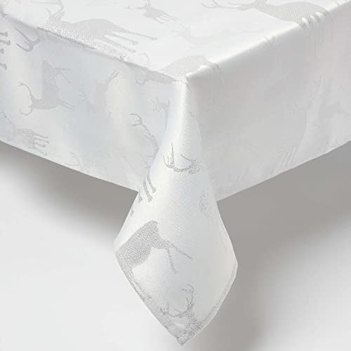 HOMESCAPES Christmas Tablecloth, Rectangular Cotton Xmas Table Cloth, Handcrafted & Durable Festive Dining Table Cover with Hem Stitch, Hypoallergenic, Washable, Sparkling Silver Stag -137x178cm