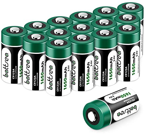 Battsea Batteria al litio CR123A 3V, 1650mAh 16 Pack CR17345 / CR123 / 123A / 123 Foto Batterie PTC Protetto con 10 anni di durata per fotocamere Torce elettriche Sensori Allarme (16)