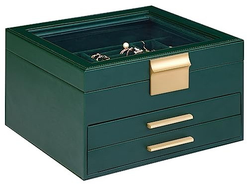 Somduy Schmuckkästchen für Frauen, 3 Schichten PU-Leder Schmuckaufbewahrung Displaybox mit Glasdeckel, Geschenk für Menschen, 3 Schubladen, großes Fassungsvermögen für Halsketten, Ringe, Grün