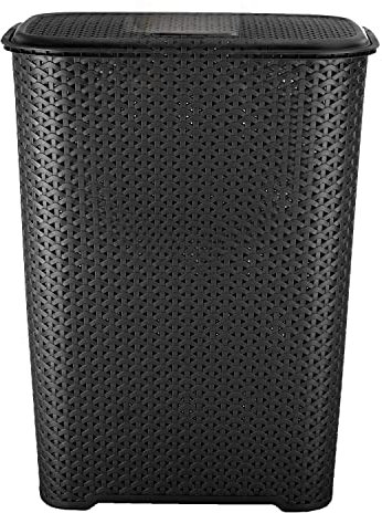 CHPL BLACK 65 Litre Rattan Style Drop All Laundry Basket with Hinge Lid & Knit Design Basket | Linen Storage Clothes Organiser Bin | Space Saving Basket For Bathroom, Bedroom. (Black)