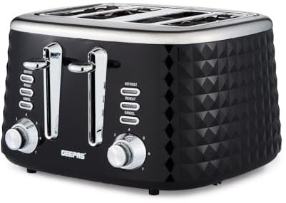GEEPAS 4 Slice Toaster | 7 Browning Levels with Cancel Defrost Reheat | For Thin Small Bread Slice | 2 Independent Controls 2 Removable Crumb Trays High Lift | 2 Yr Warranty 1750W Black Argyle