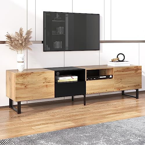 Azkoeesy Mueble TV Salón 190 cm Moderno con 2 Cajones y 2 Armarios, Patas Metal - Color Madera/Negro, Almacenamiento Amplio (190x38x48 cm)
