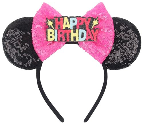 Birthday Ears Party Headband Mouse Ears Headband for Women Velvet Hair Bow Headwear for Girls&Boys - Sparkle Sequins Mouse Hair Bands with Big Ears Essencial Accessories for Trip(Birthdayears2)