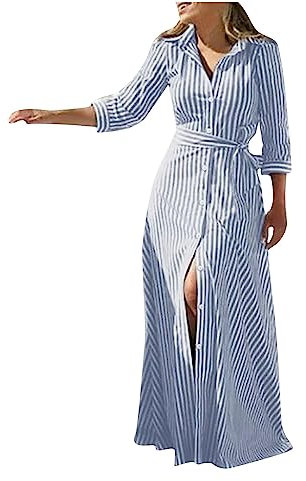 RLEHJN Long Sleeve Maxi Dress for Women - Striped/Solid Color Casual A-Line Shift Style with Turn-Down Collar and Buttons