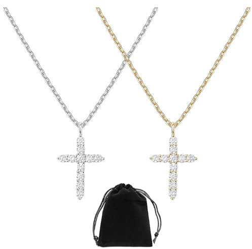 NyxSeat Lot de 2 colliers en forme de croix en diamant avec 1 sac de rangement - Pour femme - Accessoire de port - Convient pour les anniversaires et les fêtes (or, argent), Cuivre