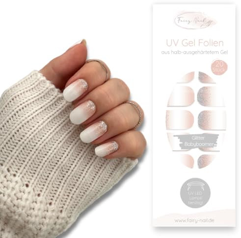 Fairy Nail UV Nagelfolien Babyboomer selbstklebende Gelfolien halb ausgehärtet 20 Stück Nailwraps Nagellackstreifen zum aufkleben (Glitter Babyboomer)