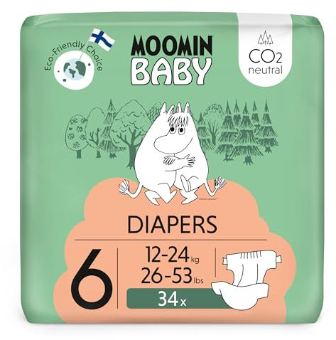 Muumi Baby Öko Windeln Größe 6, 12-24 kg 34 Stück, Weiche Premium Windeln | Weich und hautfreundlich, Atmungsaktiv, Saugfähig, Keine unnötigen Chemikalien |