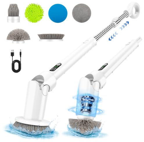 Elektrische Reinigungsbürste, 6-in-1-Elektrischer Schleuderschrubber, leistungsstarke Reinigung mit 380 U/min, Electric Spin Scrubber mit Verstellbarer Griff und LED Display für Auto, Bad, Küche