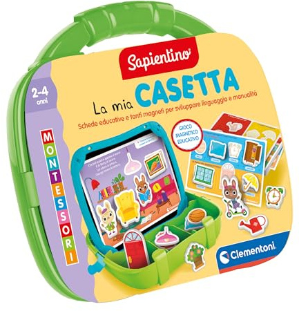 Clementoni Sapientino Montessori – Magnetischer Koffer La Mia Casetta, Lernspiel für Kinder von 2-4 Jahren, mit Tafel und 32 Magneten zum Lernen von Buchstaben und Wörtern, italienische Sprache, 16461