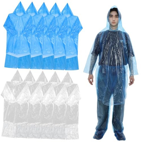COLLBATH 10sätze Teiliges Regenponcho Kapuze Für Erwachsene Transparente Und Blaue Wasserdichte Pe-pvc-materialien Reißfest Kompakt Leichter Schutzanzug Für Herren Und Damen Beim Wandern Ca