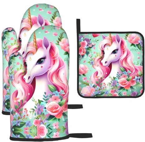 Ofenhandschuhe mit Einhorn-Muster, 3 Stück, für Koch, Backen, Kochen, Grillen