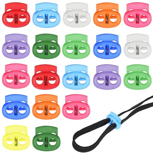 Thinp 20 Pieces Cord Locks for Drawstrings, Plastic Cord Locks Draw String Clip Double Hole Spring Stop Toggle Stoppers for Drawstrings Bags Shoelaces Clothing Paracord Accessories (Colorful)