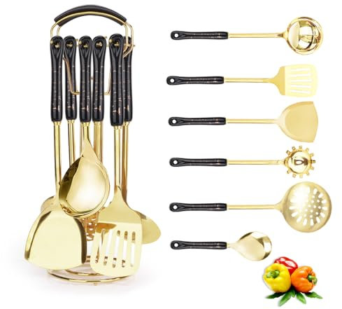 Stainless Steel Utensil Set, 7 PCS Kitchen Utensils Set with Holder for Cooking, Easy to Clean Kitchen Tool Set, Heat Resistant Kitchen Essentials & Metal Kitchen Gadgets (Black)