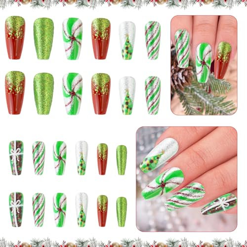24pcs Christmas False Nails Medium, Green&Red Stripes Press on Nails, Almond Acrylic Nails Glitter Xmas Tree and bow Full Cover False Nails for Women Girls Xmas Nail Art Accessories Gifts Y11SDLMJ