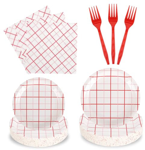 200PCS Red and White Plaid Party Supplies Serve 50,Gingham Party Paper Plates,Napkins,And Forks Kit for Birthday Party Baby Shower Party Decorations