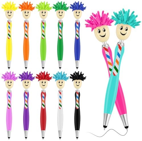 MINISOISO 12 Stück Lustige Einziehbare Kugelschreiber Set, Lustiger Bring Mop Stift, 3 in 1 Kugelschreiber, Sauberer Touchscreen Tablet Stift, Lustiger Stift Neuheitsstift für Kinder, Schule, Bürobeda