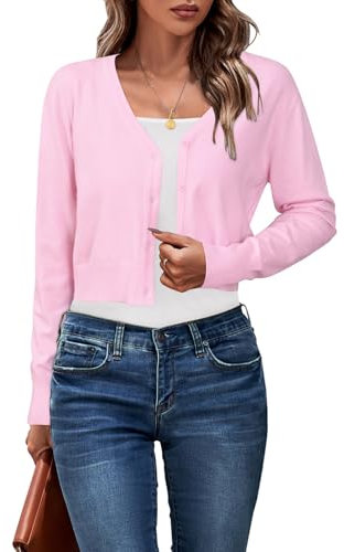 Newshows Womens Cardigan Summer Cropped Lightweight Short Cardigans Ladies V Neck Knit Buttons Bolero Shrug Pink,L