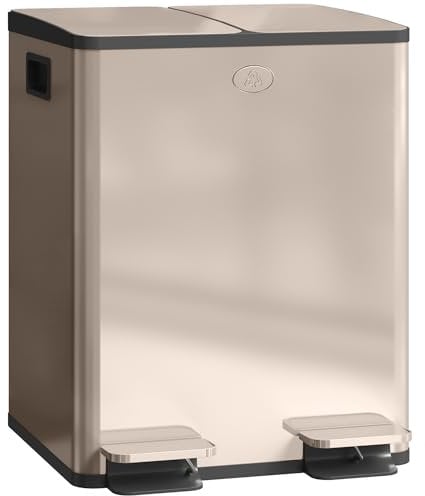 HOMCOM Dual Kitchen Bin, 2 x 20L Stainless Steel Double Rubbish Bin with Soft Close Lid, Removable Inner Buckets, Fingerprint-Proof for Recycling and Waste, Gold Tone