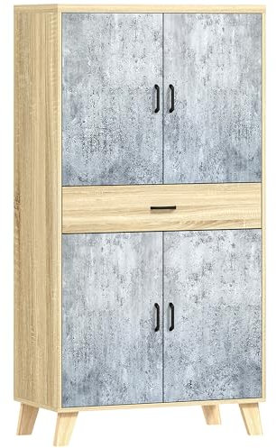 HOMCOM Armoire de Cuisine Buffet Cuisine vaisselier Meuble de Rangement avec 2 placards à Portes Double, étagères réglables et tiroir, 80 x 40 x 152,5 cm, Gris