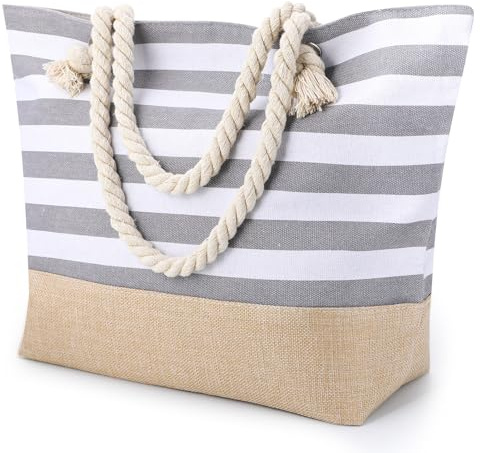 ViEinkaufen Waterproof Beach Bag, Beach Bags for Women with Zipper | Summer Tote Bags Canvas Stripe Travel Bag Reusable Shopping Shoulder Handbags for Pool Gym Picnic Holiday Essentials