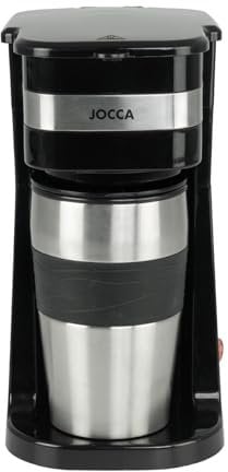 Jocca - Cafetera de goteo individual con taza de viaje 420 ml | Incluye filtro reutilizable | Apagado automático | Termo acero inoxidable negro