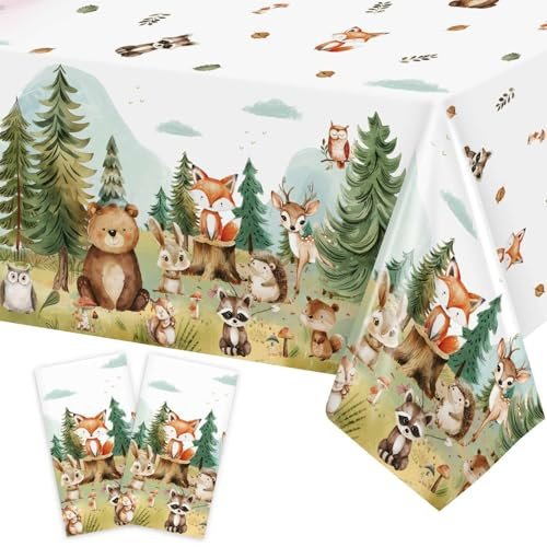 2 Pack Woodland Table Cloth, 137 x 274cm Forest Birthday Tablecloth Forest Animals Table Cover for Woodland Party Decorations for Boys Girls Party Supplies