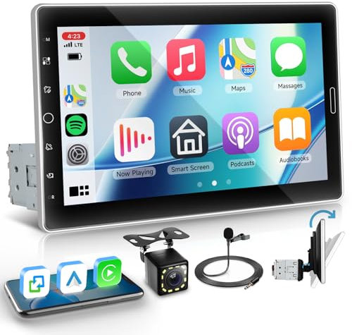 Radio Coche 1 DIN con Carplay Android Auto Inalámbrico, Hodozzy Pantalla Táctil Giratoria de 10,1 Pulgadas Bluetooth MirrorLink SWC EQ USB AUX Radio FM/Am/RDS Reproducción de vídeo en Línea, Cámara