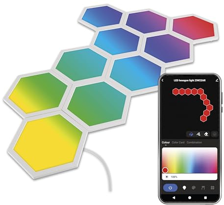 EMOS - Smart Hexagon Wandleuchte, Startset 10 Stk Sechseck-Elemente - WiFi Modular-Beleuchtung mit RGBIC-Farbspektrum, dimmbar - HandyApp, Sprachassistenten - 1,5m Kabel und Netzteil - weiß