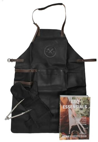 Grillschürze – Premium Lederschürze,GESCHENKEBOX Lederhandschuh & Grillzange – Premium Grillzubehör für Männer & Frauen – Geschenkset für Grillmeister – HIDE & STITCHES (Schwarz)