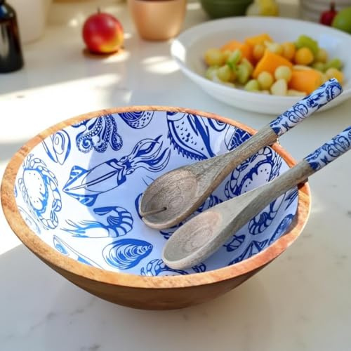 Hartsmede Wooden Salad Bowl Set 10 with Spoons – Handmade Mango Wood Serving Dish with Food-Safe Enamel Interior, Eco-Friendly Fruit & Salad Server for Pasta, Snacks & Kitchen Table Display (Ocean)