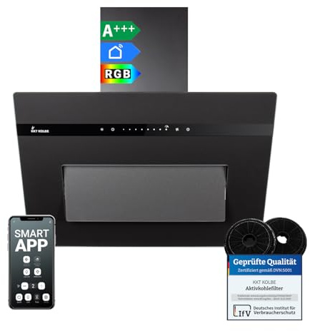 KKT KOLBE A+++ Dunstabzugshaube 60 cm 782 cbm/h Umluft Abluft Kopffrei Wandhaube | Glas Matt Schwarz | Nachlaufautomatik | Smart WiFi App WLAN | SensorTouch | RGBW LED-Beleuchtung | PLOOM6005S