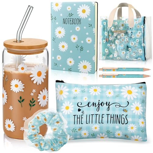 Potchen Juego de 7 regalos de margaritas para mujer, regalo de cumpleaños, regalo de agradecimiento, taza de cristal de 16 onzas, bolsa de cosméticos, cuaderno, bolígrafo, corbata para el pelo