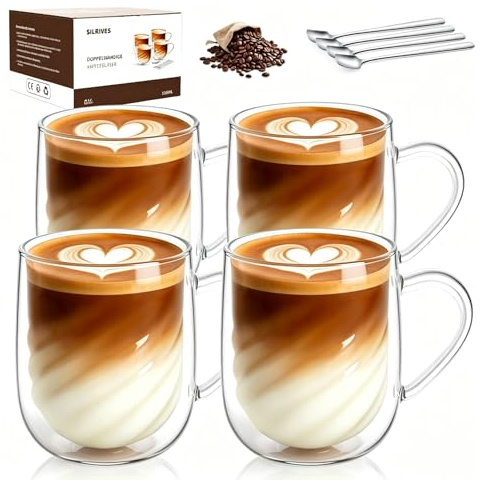 SILRIVES 350ml Double Walled Glass Mugs Set of 4 Cappuccino Latte Glasses Cups with Handles and Spoons Borosilicate Insulated Coffee Cups for Espresso Tea Hot Chocolate Milk Juice Ice Cream
