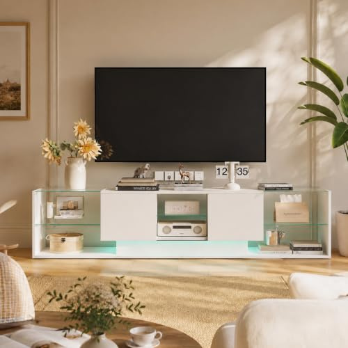 OLIVIBED - TV Lowboard con spazio per riporre oggetti, tavolo TV con 3 porte e ripiano in vetro, TV Bank per televisori fino a 85 pollici, mobile TV laterale per soggiorno, bianco, 200x35x45 cm