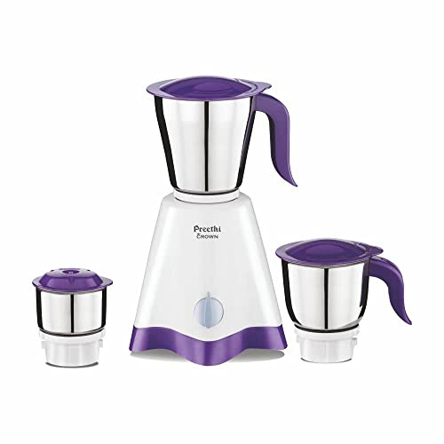 Preethi Crown MG-205 Mixer Grinder, 500 Watts, Stainless Steel 3 Jars, White & Purple Colour