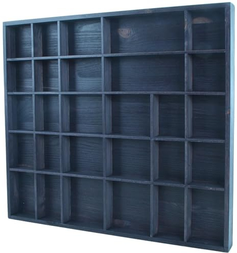 WooDeeDoo Wooden 28 Compartments Display Trinkets Shelf - Hand-Stained - Grey - Satin - Pine Wood Wall Mounted Shadow Box Vintage Curio Cabinet Miniatures Tray - 45 x 40 x 3.5 cm