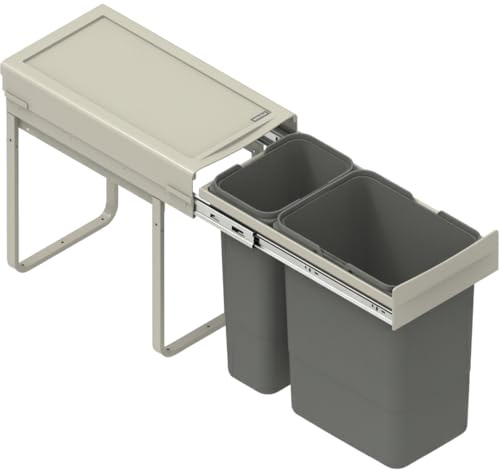 FurniFit Poubelle Encastrable pour Meuble de 30 cm Système de Tri Sélectif à 2 Bacs avec Couvercle Soft-Close et Extension Complète 26,4 x 50 x 44 cm (1x 20L + 1x 9L) Montage Frontal Argent