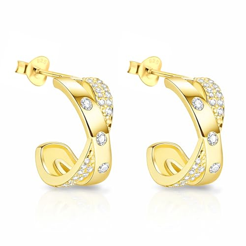LÖB 925 Silber 585 Gold vergoldet Creolen Kreuz Zirkonia Steine Ohrringe Damen Glitzer Diamant Form Elegant Dezent Modern Brautschmuck Klein Rund