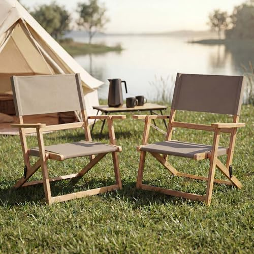 Mendler 2er-Set Bambus Campingstuhl HWC-Q42 Stoff/Textil - Creme | Gartenstuhl, Balkonstuhl, Freizeitstuhl, klappbar Outdoor