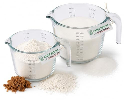 Chefkoch trifft Fackelmann Messbecher Set 2-teilig aus Glas – 500 ml und 1 Liter, Küchenmessbecher mit Skala für Wasser, Zucker und Mehl, Temperaturbeständigkeit: -20 °C bis +400 °C