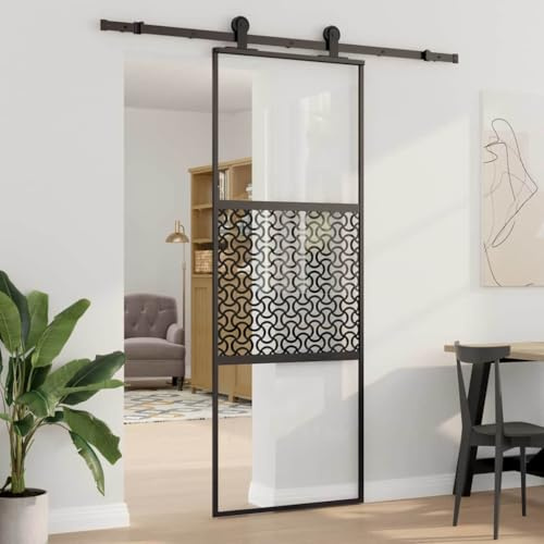 Ordellia Puerta corredera de aluminio negra 76 x 2 x 205 cm, puerta corredera para interiores, puerta con tope de puerta, translúcida para salón, comedor, renovación, empotrable, apartamento