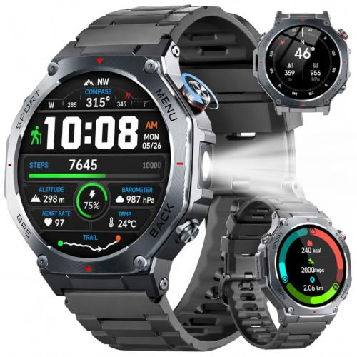 Smart Watch for Men, 1.43 AMOLED Military Smart Watch Make Calls, Black | GPS/Torch/Compass/Altitude/Heart Rate/Health Monitor/Blood Oxygen, 5ATM Waterproof, 160+ Sports Smartwatches for iOS Android