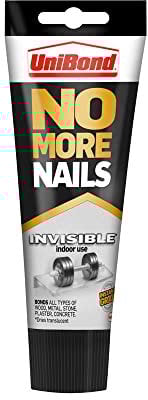 UniBond No More Nails Invisible, Heavy-Duty Clear Glue, Strong Glue for Wood, Ceramic, Metal & More, Instant Grab Mounting Adhesive, 1 x 184g Tube , White
