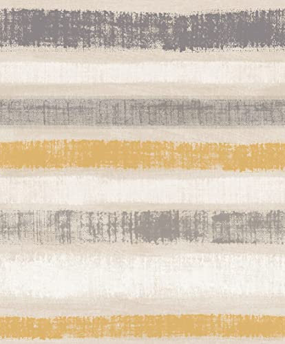 Arthouse Painted Stripe Yellow & Grey Ochre Wallpaper - Horizontal Stripe with Hand Painted Finish - Mica Shine & Metallic Detail with a Fine Textured Embossed Finish - Contemporary Design 610604