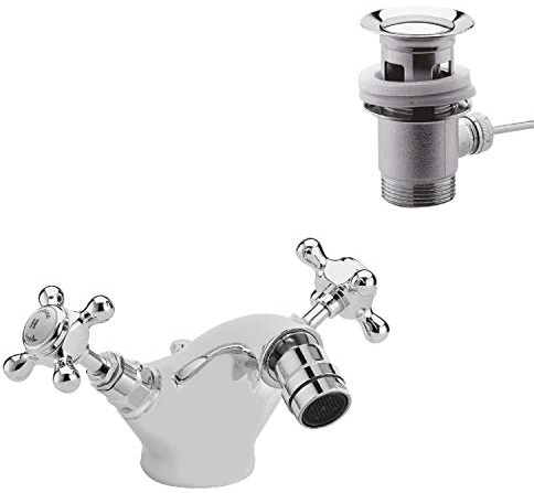 Old London BC306HX Topaz | Traditional Bathroom Mono Bidet Mixer Tap with Crosshead Handles and Hexagonal Collars, 97mm x 197mm, Chrome/White