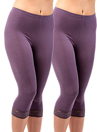 HERMKO 5722 2er Pack Damen 3/4-Leggings mit Spitze, Farbe:Pflaume, Größe:44/46 (L)